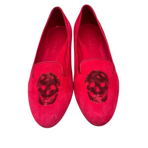 ALEXANDER MCQUEEN Red Suede Slip On Loafers Flats Sequin Skull EU 37 US 7